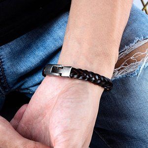 men black Braided Leather Cord Bracelet